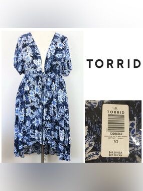 🆕TORRID - 1/2X - NWT - FLORAL BLUE WHITE MAXI HI-LO KIMONO CARDIGAN / KAFTAN